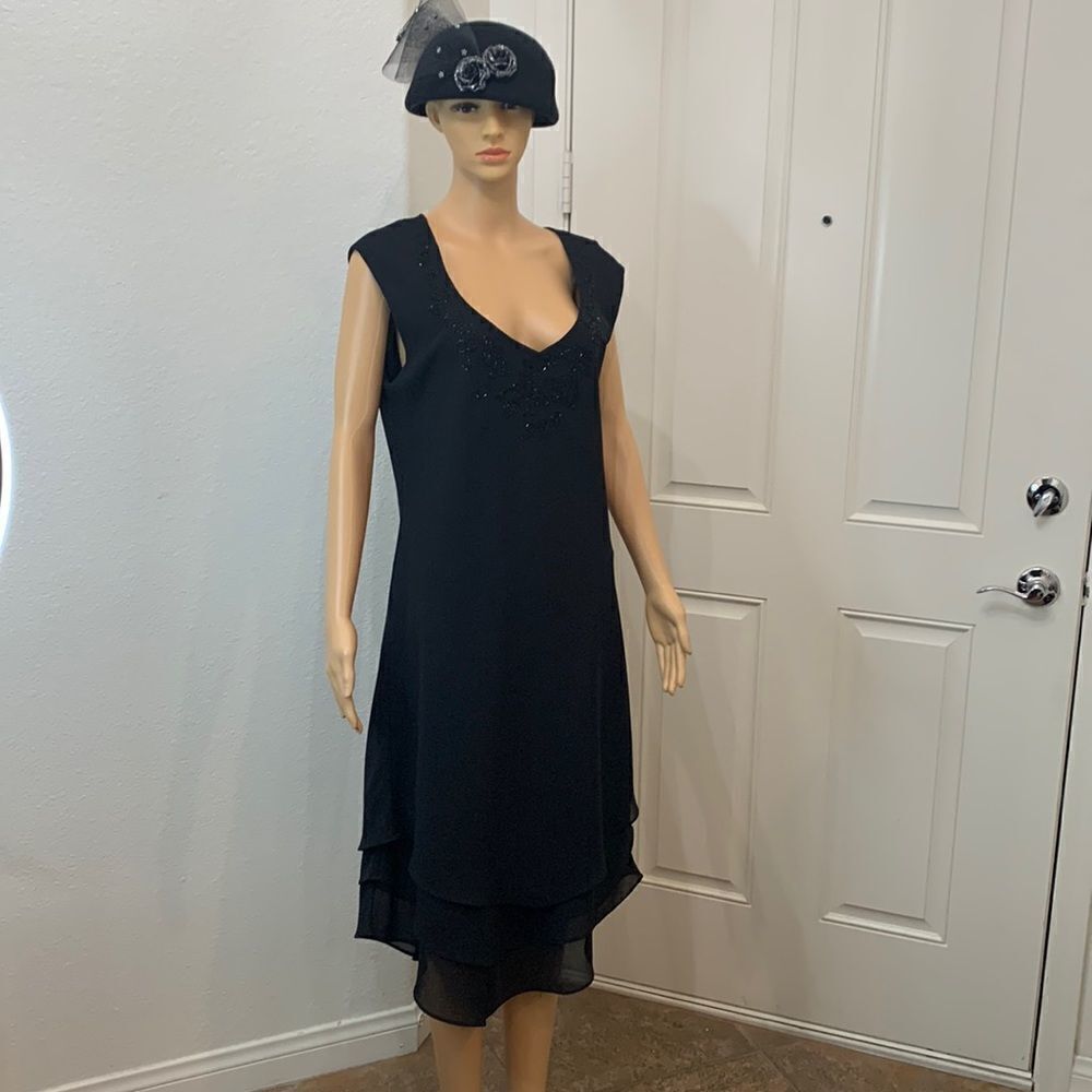 Serene Size 16 Little Black V Neck Short Sleeve Ruffled Layered Beaded Dress